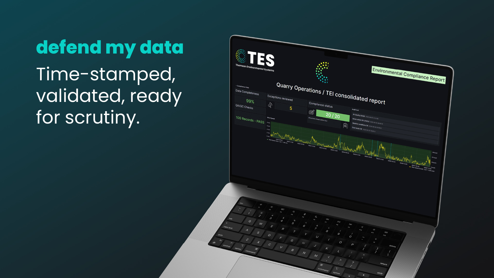 TES environmental compliance report with time-stamped validation data displayed on a laptop